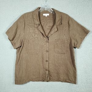 Vetta Shirt Womens Medium Brown 100% Linen Girlfriend Collared Pocket Button Up